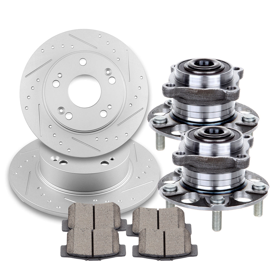 2005-2007 Honda Accord Rear Slot Brake Rotors Ceramic Pads & Wheel Hub Bearings