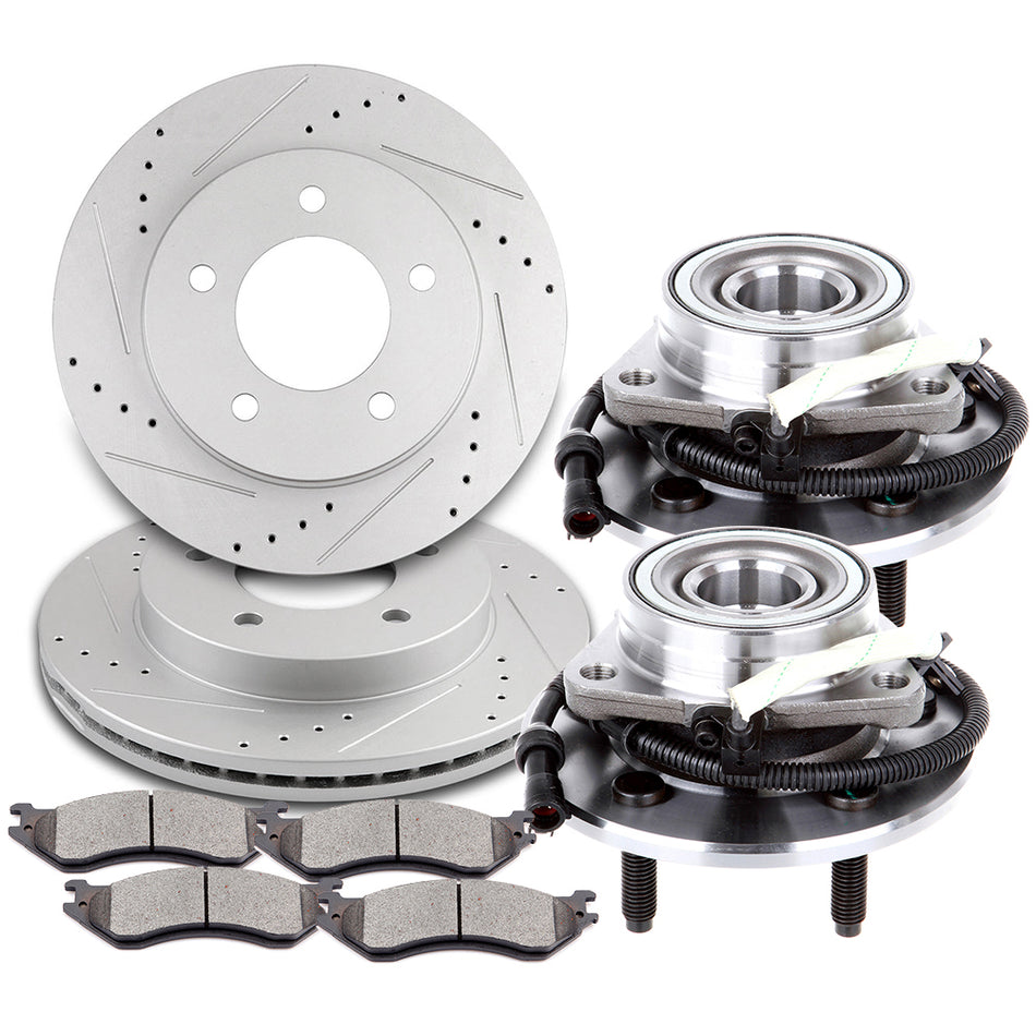 Front Brake Rotor & Pads & Wheel Hub Bearings For 00-03 Ford F150 04 F150 Heritage