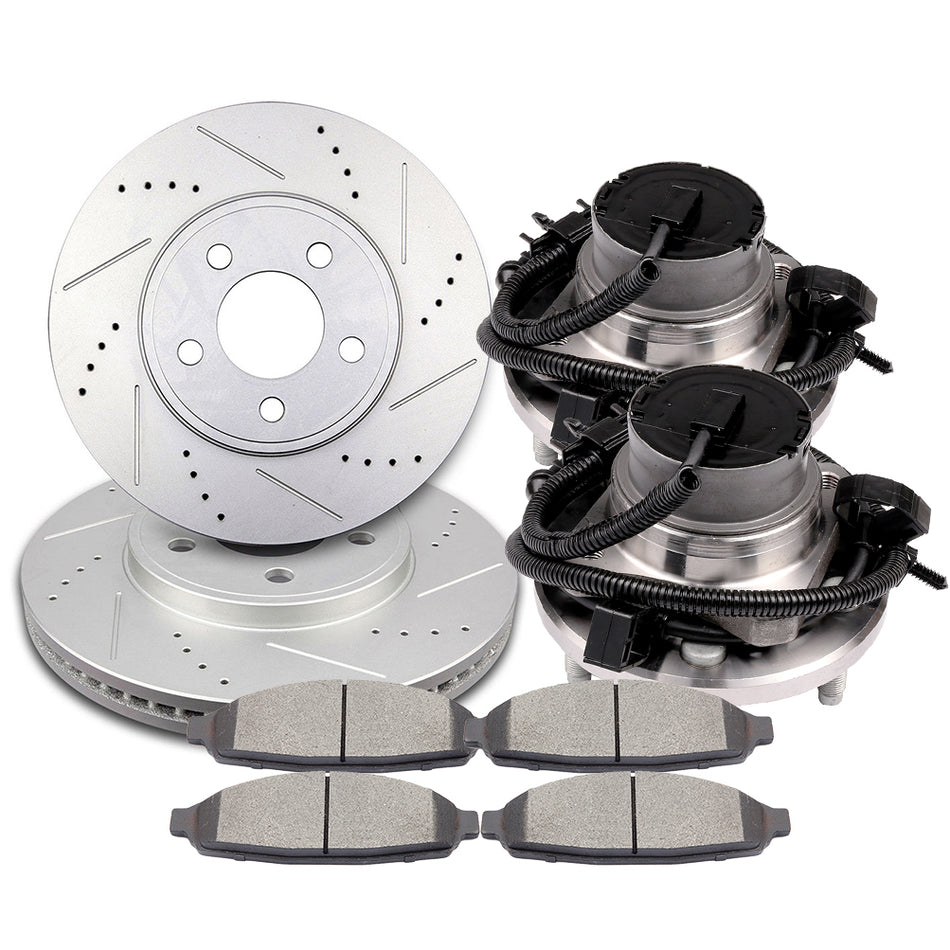 Drill Brake Rotor Ceramic Pads Wheel Hub Bearings 03-05 Lincoln Town Car 03-04 Mercury Marauder Front 8Pcs