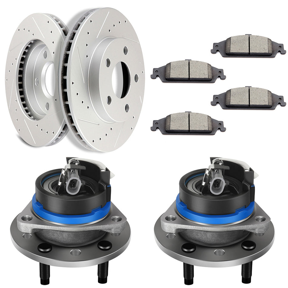 Front Drill Brake Rotors Ceramic Pads & Wheel Hub Bearings For Pontiac Grand Am