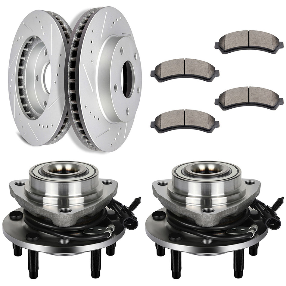 Front Drill Brake Rotors Ceramic Pads & Wheel Hub Bearings and 98-05 Chevrolet Blazer 97-03 GMC Jimmy