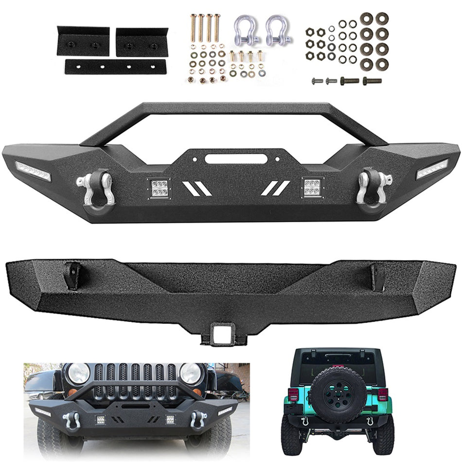 2007-2017 Jeep Wrangler Heavy Duty Front + Rear Bumper w/ Winch Plate -2 PCS