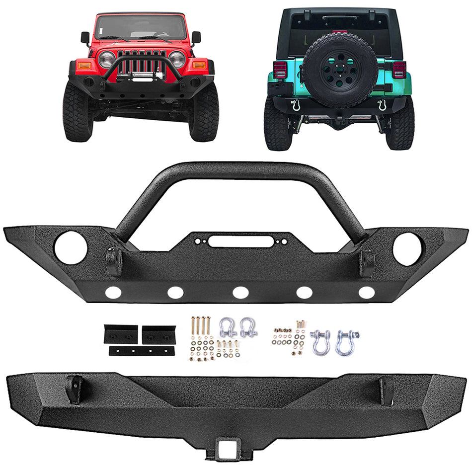 2007-2017 Jeep Wrangler Front Winch Bumper w/ Fog Light Holes & Rear Bumper -2 PCS