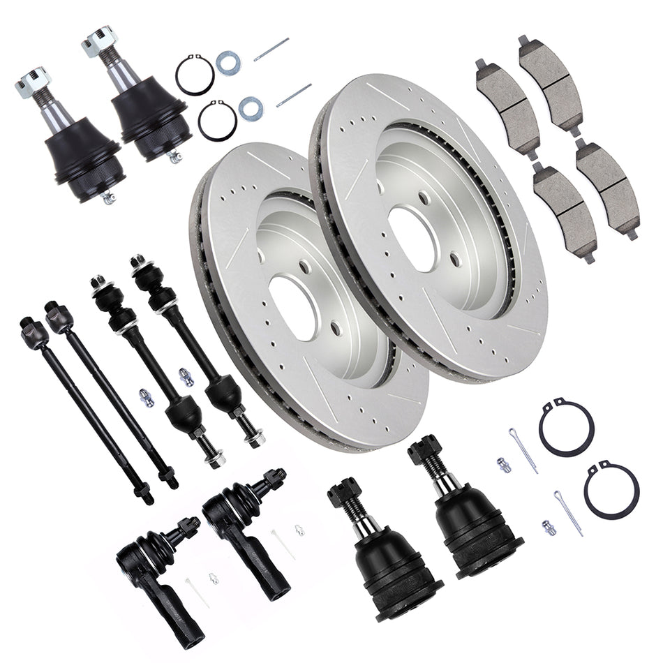 Front Tie Rod End Suspension Kit with Brake Rotor Pad For 2006-08 Dodge Ram 1500