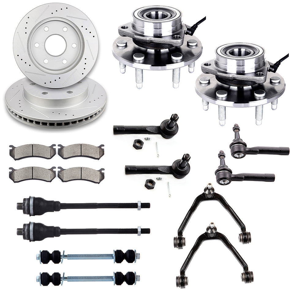Front Wheel Hub Bearing Tie Rod End Control Arm Ball Joint Sway Bar Brake Rotor Pad 02-06 Cadillac Escalade 00-06 GMC Yukon