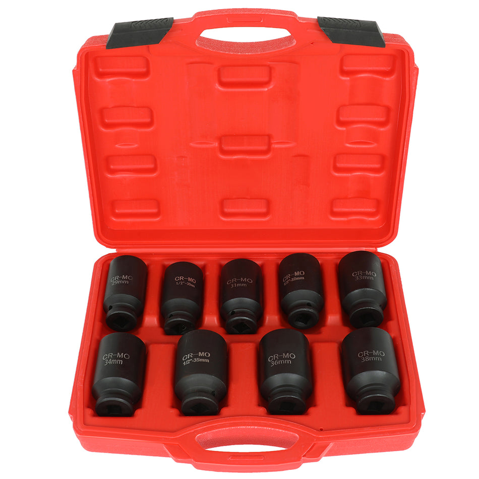 9pcs Deep Impact Socket Set 1/2 inch 6Pt Drive Metric Axle Hub Nut Socket 29-38mm